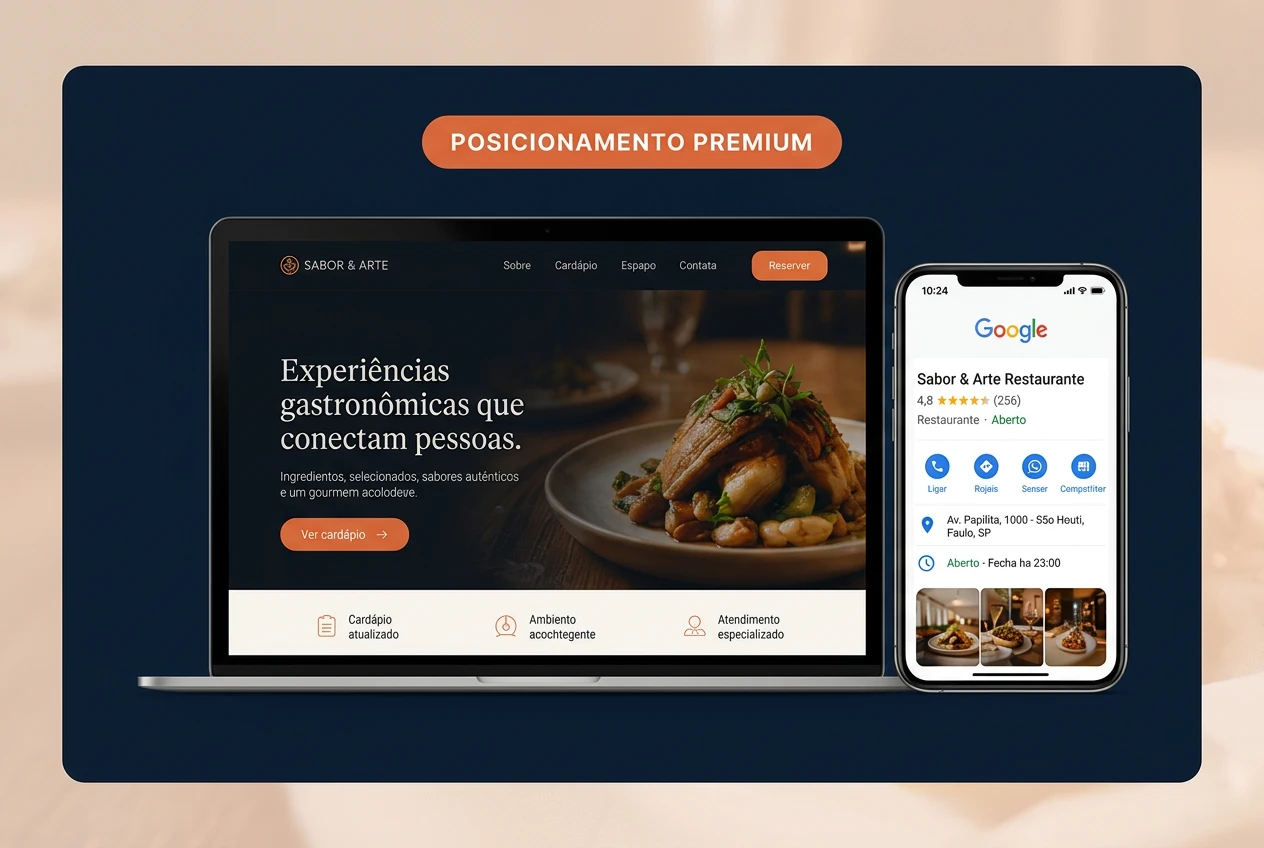 Exemplo ilustrativo de posicionamento premium: site elegante de restaurante em um notebook e perfil no Google em um celular